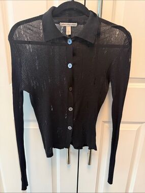 Autumn Cashmere Black Sheer Button-Down Long Sleeve Top